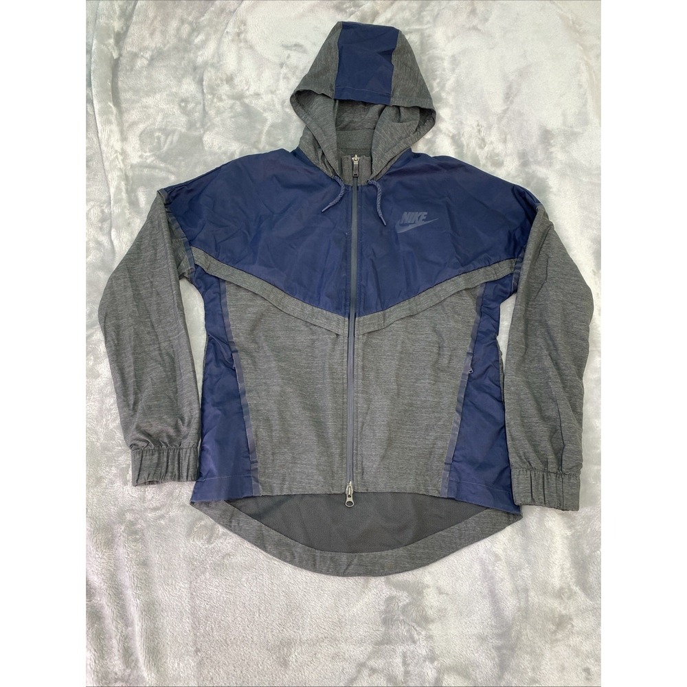 Nike Windrunner Jacket Womens Small Navy Blue‎ Grey Hooded Full Zip Windbreaker